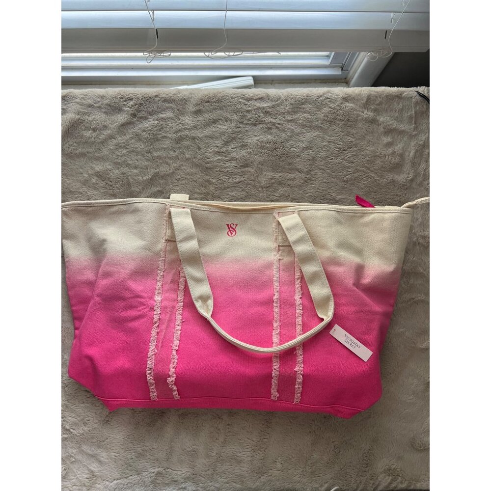 Victorias Secret Pink & Cream Gradient Canvas Tote Bag With Zipper Top & Inner L